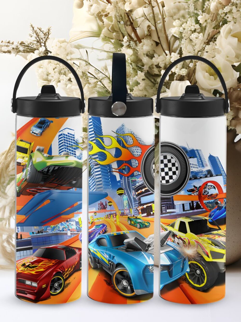 Race Cars Stainless Steel Tumbler with Portable Handle, Boys Gift Idea